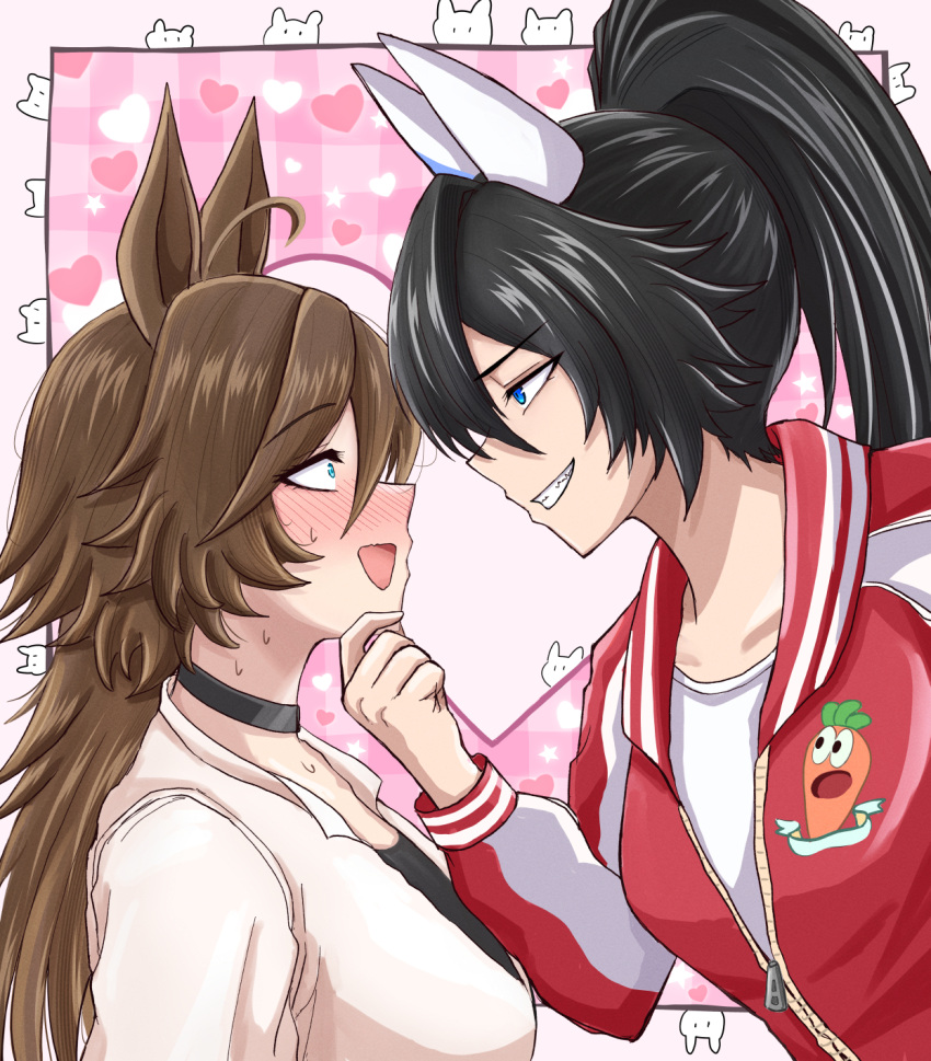 2girls, ahoge, animal_ears, black_choker, black_hair, blue_eyes, blush, brown_hair
