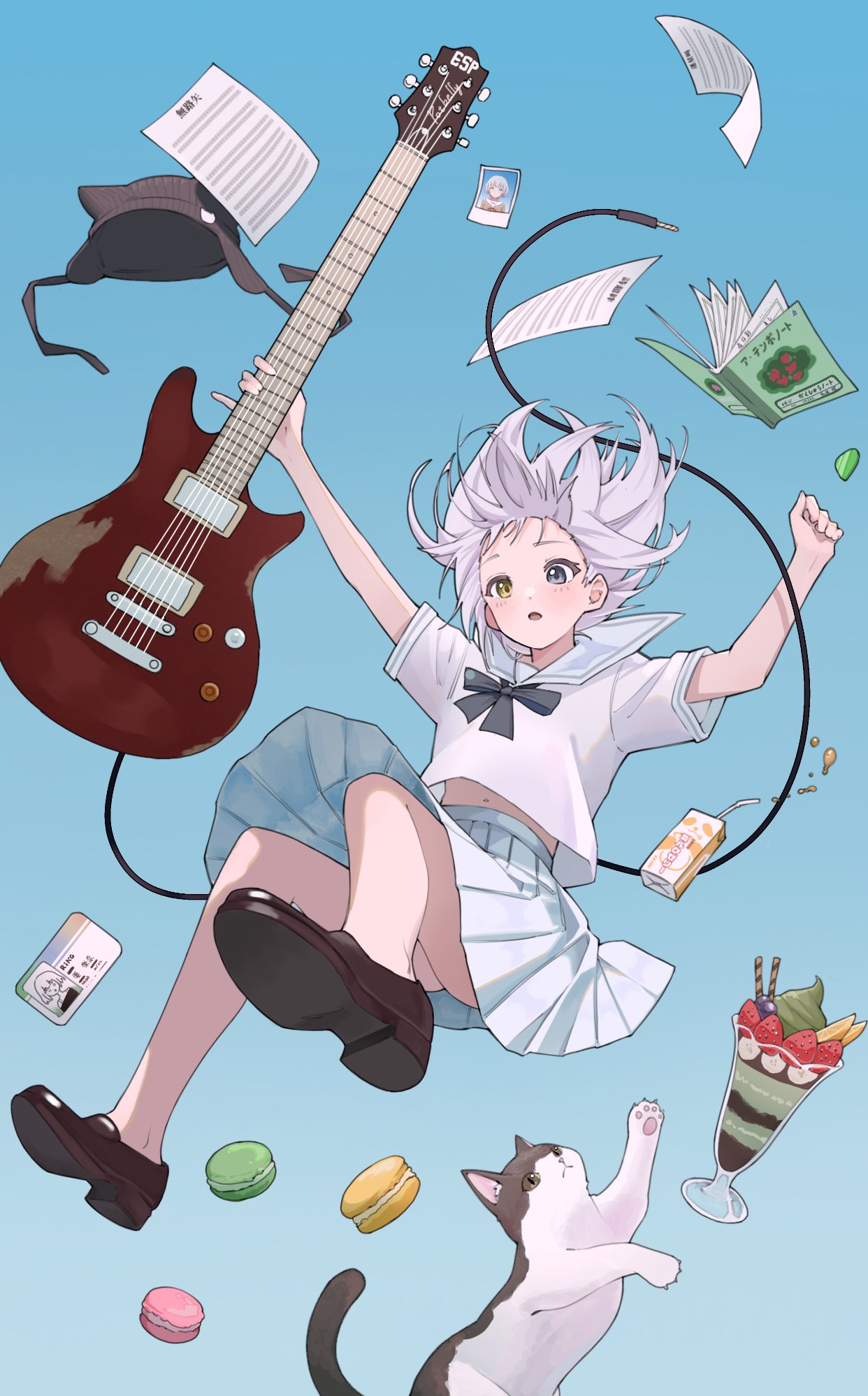 1girl, animal_ear_headwear, bang_dream!, bang_dream!_it's_mygo!!!!!, blue_eyes, blue_skirt, blush, brown_shoes