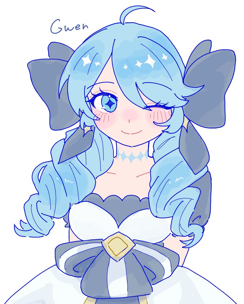;), ahoge, arm_behind_back, black_ribbon, blue_eyes, blue_hair, blush, commentary_request, drill_hair, gwen_(league_of_legends), hair_ribbon, league_of_legends, low_twintails, neck_tattoo, one_eye_closed, pi_2101, ribbon, simple_background, smile, star-shaped_pupils, star_(symbol), symbol-shaped_pupils, tattoo, twin_drills, twintails, white_background