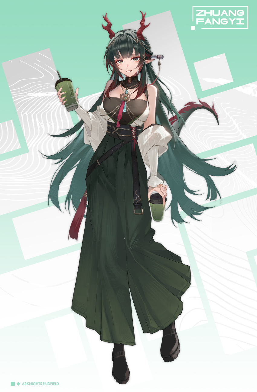 1girl, absurdres, alternate_costume, arknights, arknights:_endfield, bare_shoulders, black_shoes, breasts
