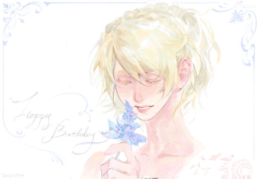 1girl, anmoko0520, blonde_hair, blue_flower, closed_eyes, collarbone, colored_eyelashes, commentary