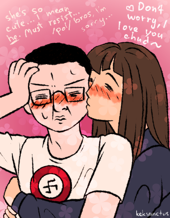 1boy, 1girl, 4chan, ^_^, arm_up, artist_name, black-framed_eyewear, black_hair, black_hoodie, blunt_bangs, blush, boymoder, brown_hair, character_name, chudjak, closed_eyes, closed_mouth, commentary, couple, english_commentary, english_text, floral_background, glasses, hair_behind_ear, hand_on_own_head, heart, hetero, hood, hood_down, hoodie, hug, hug_from_behind, keksanctus, kiss, kissing_cheek, lips, long_hair, long_sleeves, nose_blush, original, pink_background, puffy_long_sleeves, puffy_sleeves, raised_eyebrows, rectangular_eyewear, shirt, short_hair, short_sleeves, sidelocks, simple_background, straight_hair, swastika, swastika_print, sweat, t-shirt, transphobia, upper_body, v-shaped_eyebrows, very_short_hair, white_shirt