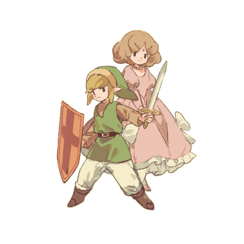 1boy, 1girl, belt, blonde_hair, boots, brown_boots, c3ure, closed_mouth