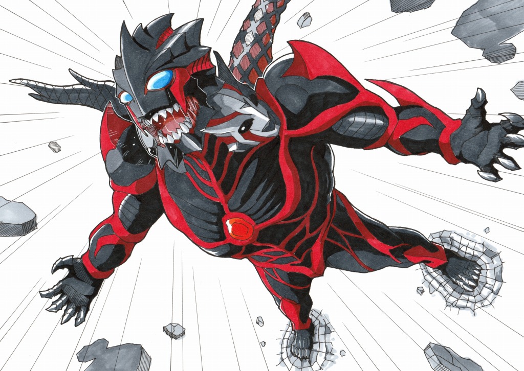 1boy, 1girl, 1other, alien, blue_eyes, color_timer, commentary_request, compound_eyes