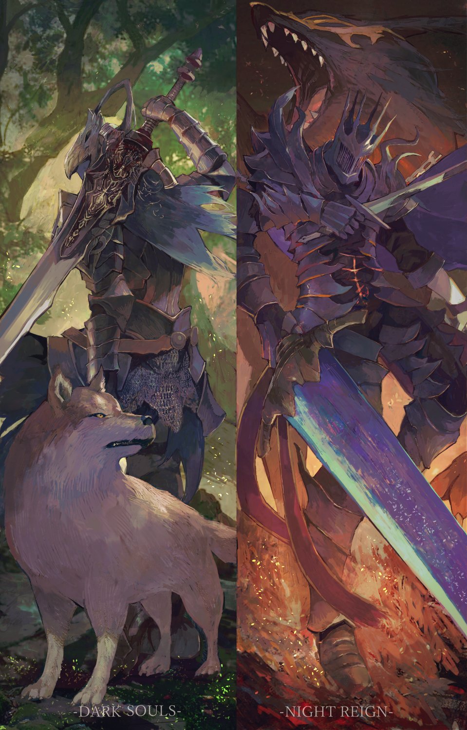 2boys, animal, arm_armor, armor, artorias_the_abysswalker, blue_cape, blue_capelet, breastplate