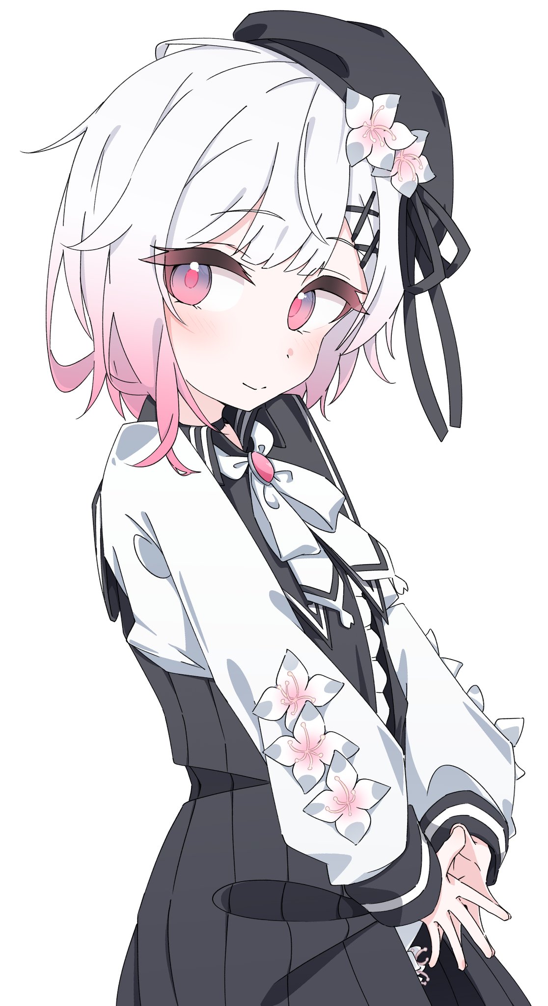 1girl, beret, black_hat, closed_mouth, commentary_request, flower, fugu43, gradient_hair