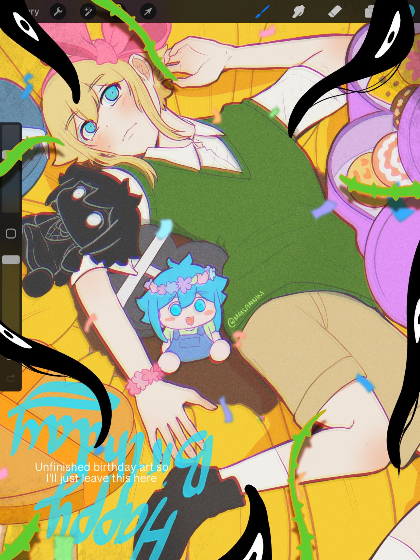 1boy, art_program_in_frame, basil_(faraway)_(omori), basil_(headspace)_(omori), basil_(omori), black_shoes, blonde_hair, blue_eyes