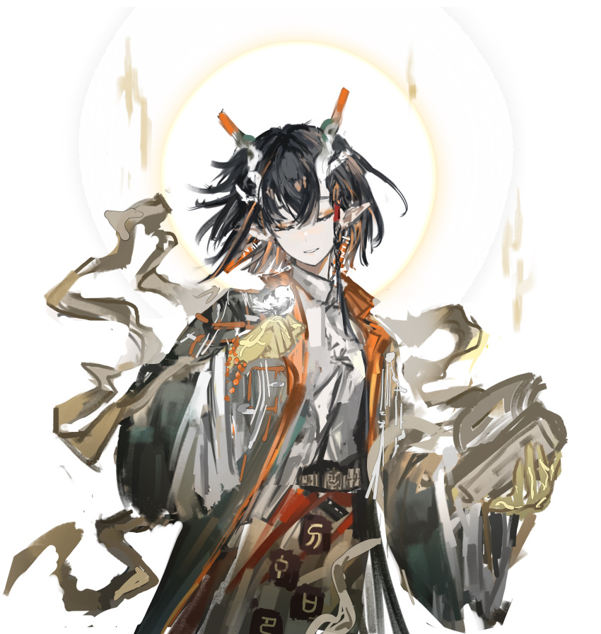 1girl, absurdres, arknights, bird, bird_on_hand, black_hair, chinese_commentary, closed_eyes