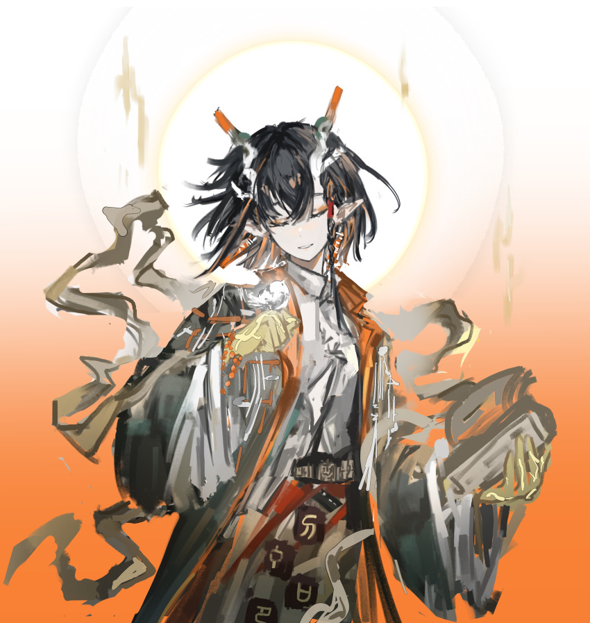 1girl, absurdres, arknights, bird, bird_on_hand, black_hair, chinese_commentary, closed_eyes