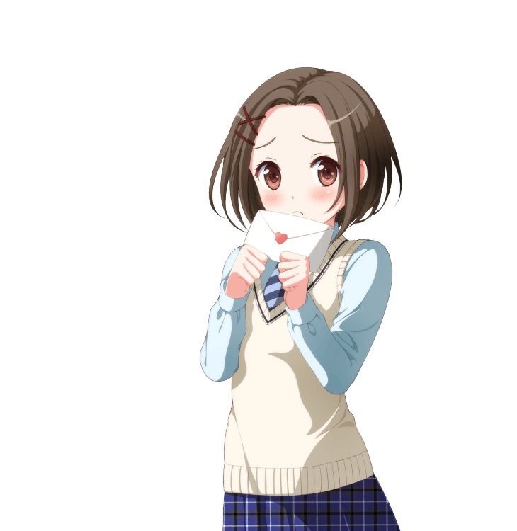 1girl, blush, brown_eyes, brown_hair, envelope, frown, hair_ornament, hairclip, harukaze_noa, holding, holding_envelope, idol_wars, long_sleeves, necktie, official_art, plaid_clothes, plaid_skirt, school_uniform, shirt, short_hair, skirt, striped_clothes, striped_necktie, sweater_vest, third-party_source