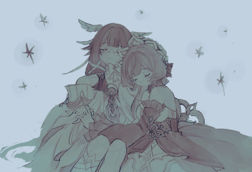2girls, bare_shoulders, bonnet, breasts, closed_eyes, closed_mouth, columbina_(genshin_impact), detached_collar