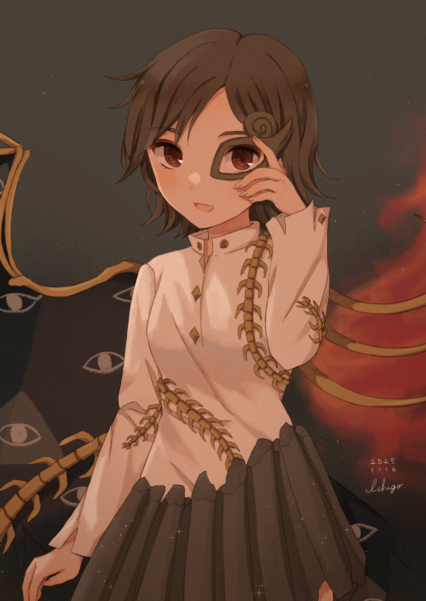 1girl, absurdres, asymmetrical_wings, brown_hair, buttons, commentary_request, cowboy_shot, dated