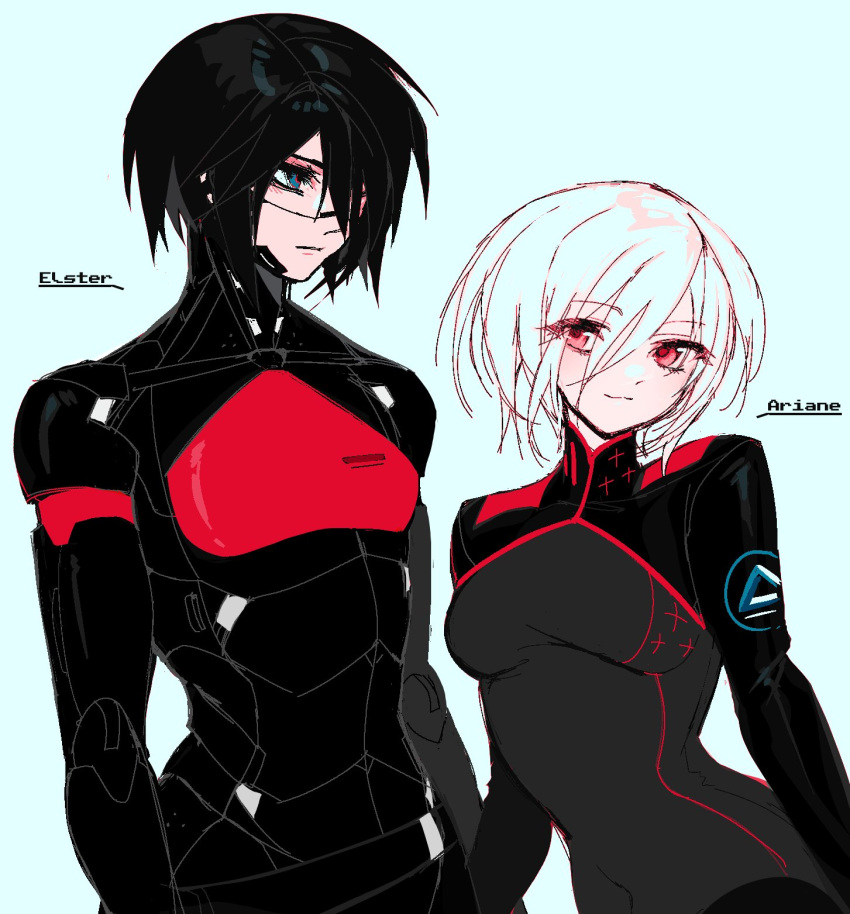 2girls, android, ariane_yeong, black_bodysuit, black_hair, black_shrug, blue_eyes, bodysuit, character_name, covered_navel, elster_(signalis), eve_(everotten), hair_over_one_eye, hashtag-only_commentary, highres, looking_at_viewer, metal_skin, multiple_girls, one_eye_covered, red_eyes, short_hair, shrug_(clothing), signalis, simple_background, smile, upper_body, white_hair