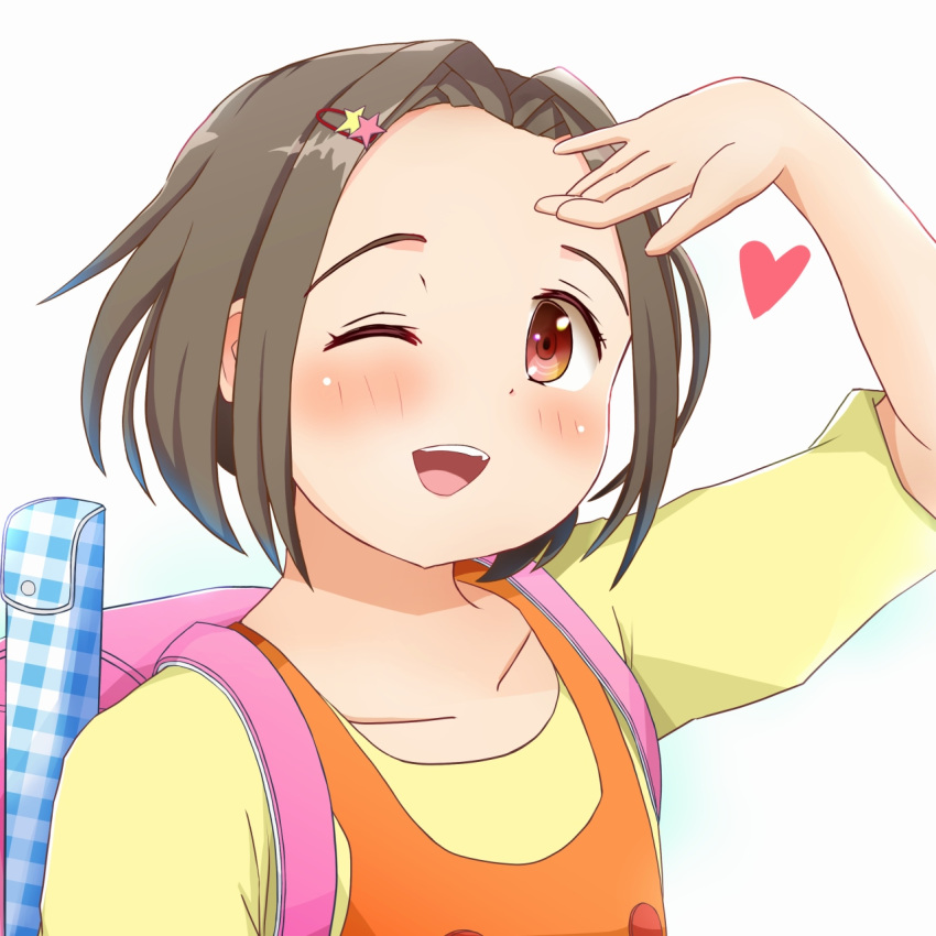 1girl, backpack, bag, blush, brown_hair, commentary_request, cosplay, hair_ornament