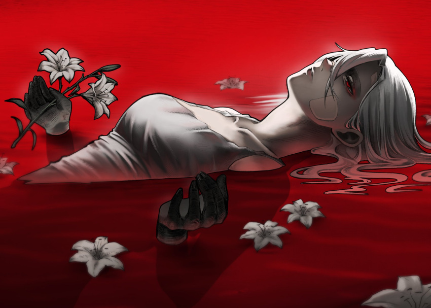 1girl, ambiguous_red_liquid, ariane_yeong, bandaid, bandaid_on_face, colored_extremities, expressionless, flower