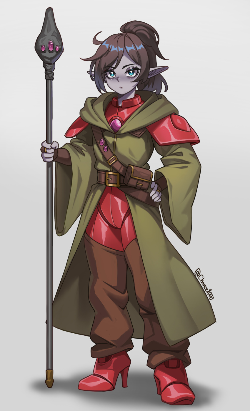 1girl, absurdres, armor, armored_boots, belt, belt_buckle, belt_pouch, black_hair, blue_eyes, boots, brown_belt, buckle, chance8000, closed_mouth, coat, colored_skin, commentary, eldar, english_commentary, expressionless, full_body, green_coat, grey_skin, hand_on_own_hip, high_heel_boots, high_heels, highres, holding, holding_staff, hood, hood_down, hooded_coat, long_hair, long_sleeves, looking_at_viewer, parted_bangs, pointy_ears, ponytail, pouch, red_boots, shadow, simple_background, solo, staff, standing, warhammer_40k, white_background