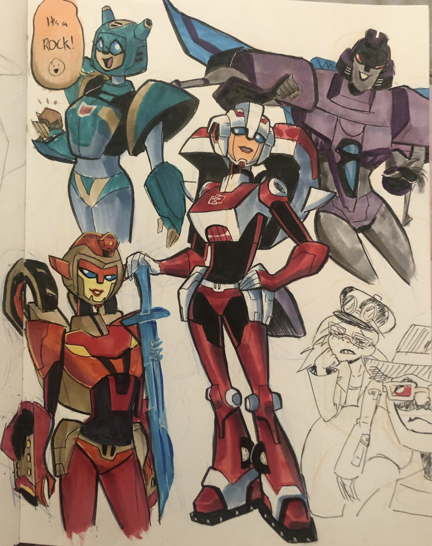 airplane_wing, arcee, autobot, blue_eyes, colored_skin, decepticon, flareup, glyph_(transformers)