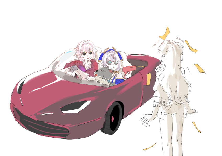 3girls, blue_vest, cape, car, commentary_request, convertible, dog, duonigue_(honkai_impact)