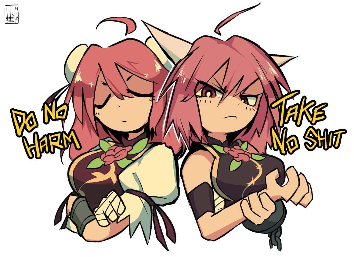 2girls, bandaged_arm, bandages, chest_sarashi, closed_eyes, closed_mouth, crossed_arms, dated