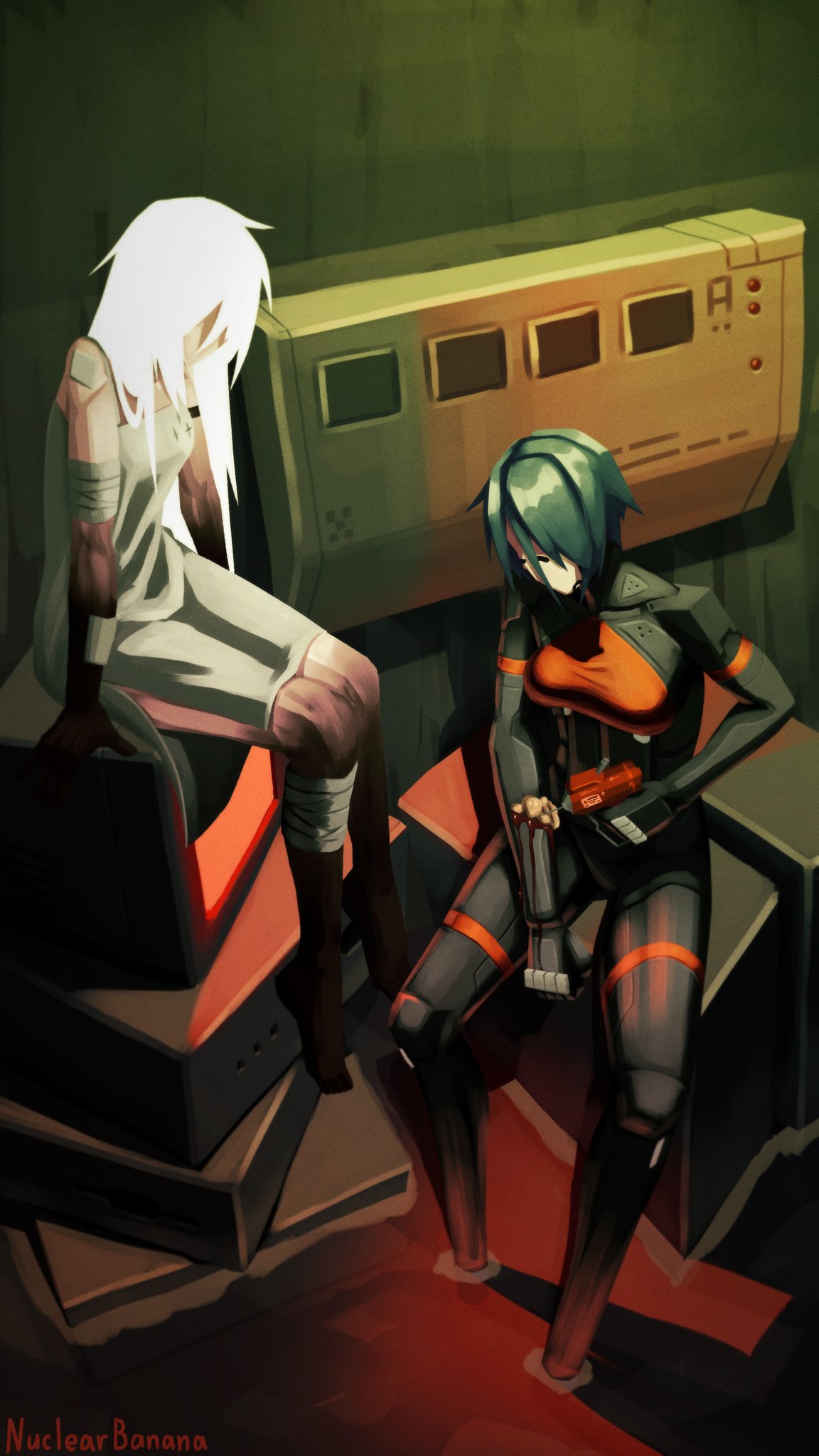 2girls, android, ariane_yeong, artist_name, bandaged_arm, bandages, bandaid, bandaid_on_arm, black_hair, blood, covered_eyes, dress, elster_(signalis), from_above, highres, holding, injury, long_hair, metal_skin, multiple_girls, nuclearbanan, short_hair, signalis, signature, sitting, soaking_feet, white_dress, white_hair