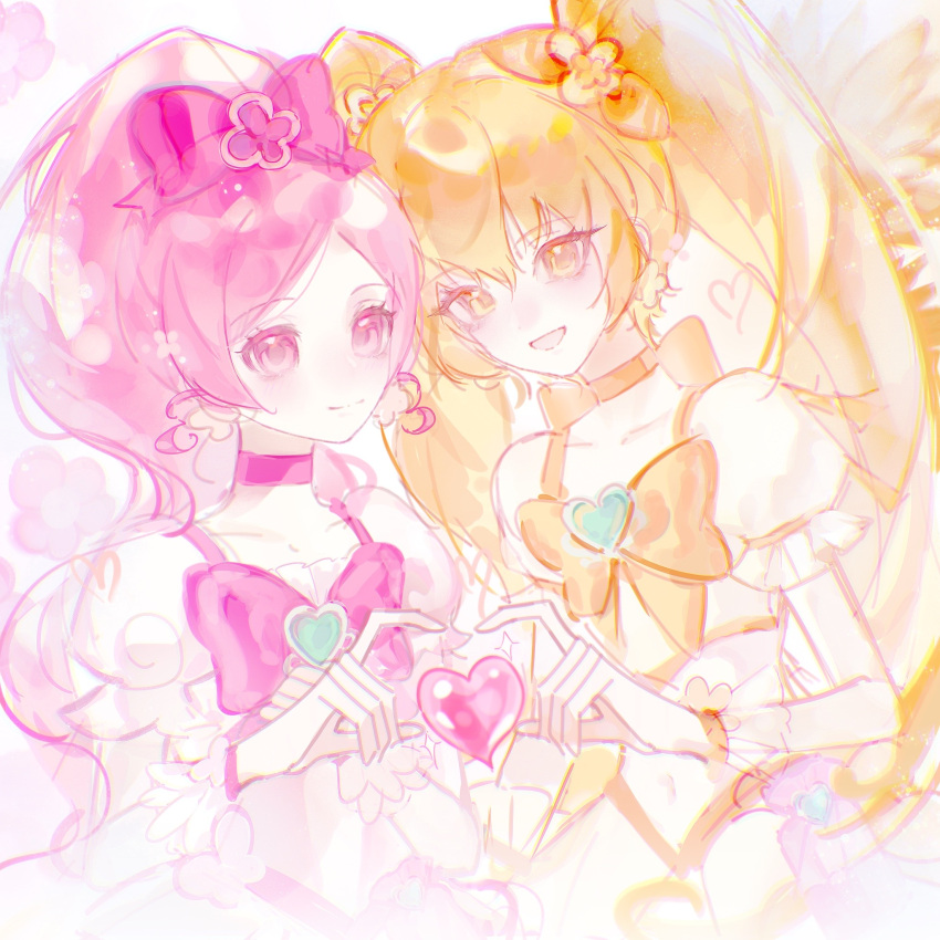 2girls, blonde_hair, bow, bow_choker, bowtie, brooch, chinese_commentary, choker