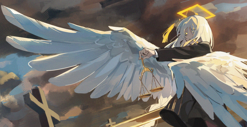 1girl, balance_scale, black_dress, clouds, cloudy_sky, coeiroink, commentary_request, cross, dress, facial_mark, feathered_wings, floating_hair, halo, highres, housen_reiri, long_hair, long_sleeves, outdoors, outstretched_arm, sky, solo, standing, uranosebi, weighing_scale, white_hair, wings, yellow_eyes