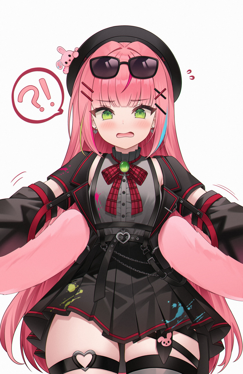 !?, 1girl, absurdres, black_hat, black_jacket, black_skirt, black_sleeves, black_thighhighs