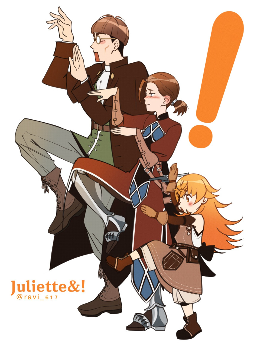 1boy, 2girls, armored_boots, artist_name, ascot, baggy_pants, belt, blonde_hair, blush, boots, brown_boots, brown_capelet, brown_coat, brown_dress, brown_eyes, brown_gloves, brown_hair, brown_hat, brown_pants, capelet, closed_mouth, coat, dress, english_commentary, eyebrows_hidden_by_hair, full_body, gears, ginger_york, glasses, gloves, green_shirt, hair_between_eyes, hat, highres, jewelry, juliette_(mushoku_tensei), knees_up, lace-up_boots, long_sleeves, multiple_girls, mushoku_tensei, open_mouth, pants, parody, ponytail, ravi-617, round_eyewear, sheath, sheathed, shirt, short_hair, simple_background, standing, standing_on_one_leg, steampunk, sword, weapon, white_ascot, white_background, white_dress, white_pants, yellow_eyes, yotsubato!, yotsubato!_pose, zanoba_shirone