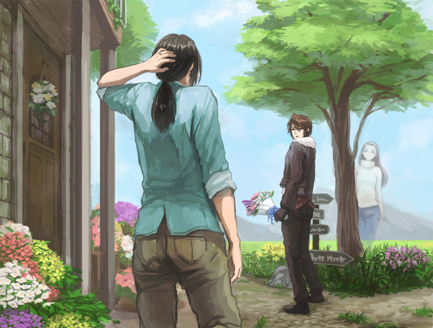 1girl, 2boys, bouquet, commentary_request, day, epilogue, family, father_and_son
