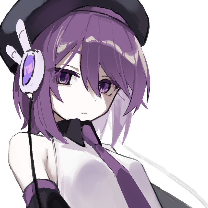 1girl, armpit_crease, bare_shoulders, beret, black_hat, breasts, closed_mouth, collared_shirt, detached_sleeves, expressionless, hair_between_eyes, hat, headgear, highres, necktie, purple_hair, purple_necktie, shirt, short_hair, simple_background, sleeveless, sleeveless_shirt, small_breasts, solo, uranosebi, utane_uta, utau, violet_eyes, white_background, white_shirt