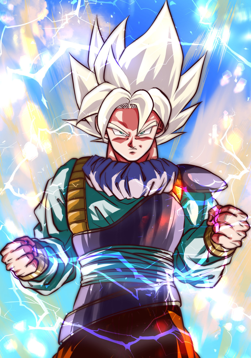 1boy, absurdres, aura, blonde_hair, brown_pants, clenched_hands, closed_mouth, commentary_request