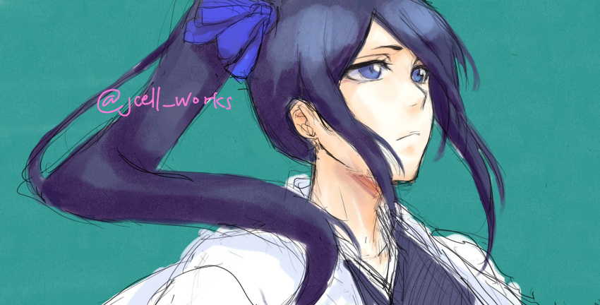 1girl, black_hair, bleach, bleach:_epilogue, blue_eyes, commentary, expressionless, frown