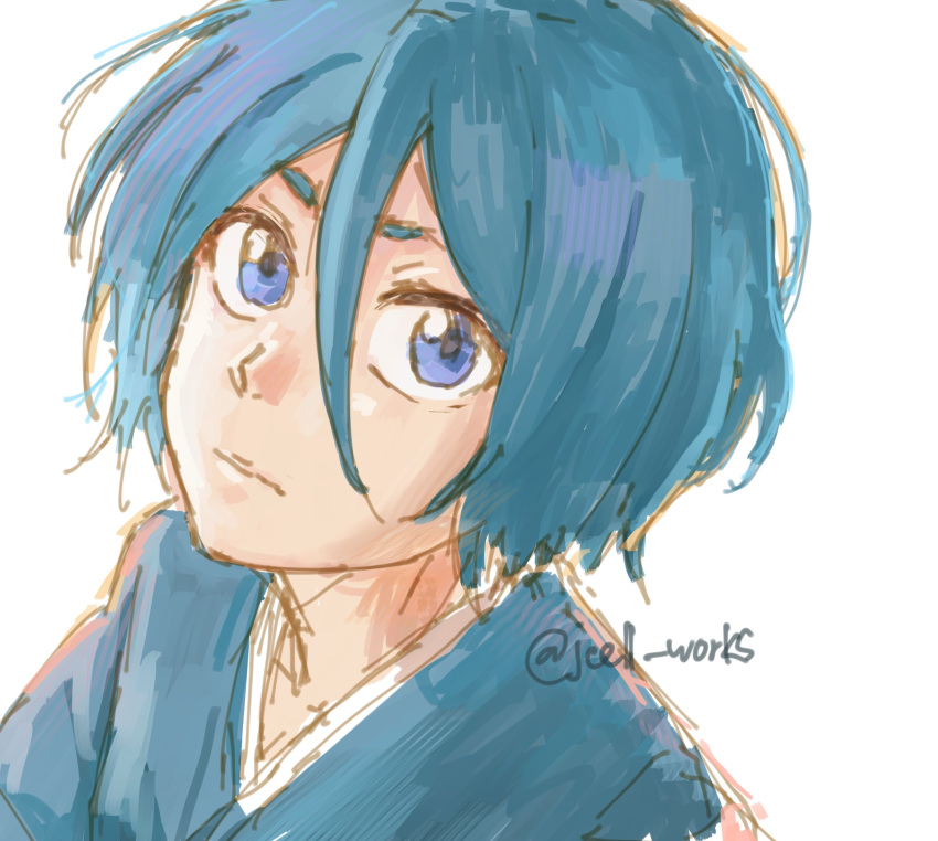 1girl, black_hair, bleach, blue_eyes, commentary, expressionless, hair_between_eyes, highres