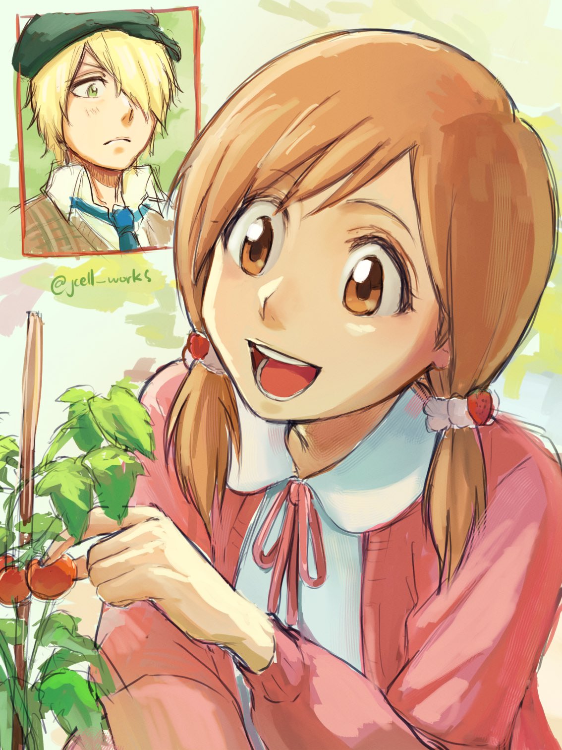 1boy, 1girl, bleach, blonde_hair, blue_necktie, brown_eyes, brown_hair, cardigan