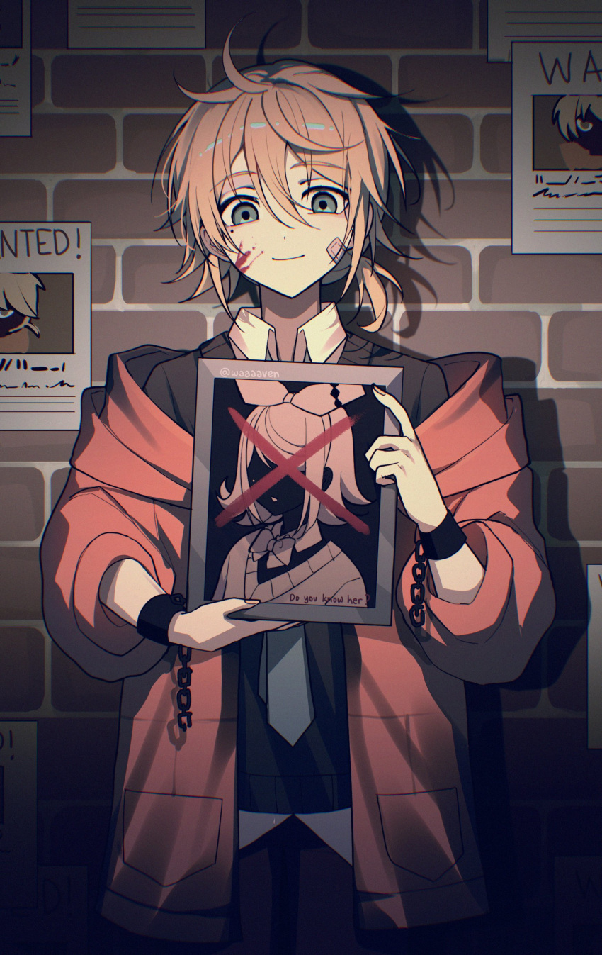 1boy, absurdres, aqua_eyes, art_waven, blood_on_cheek, brick_wall, commentary, crossed_out