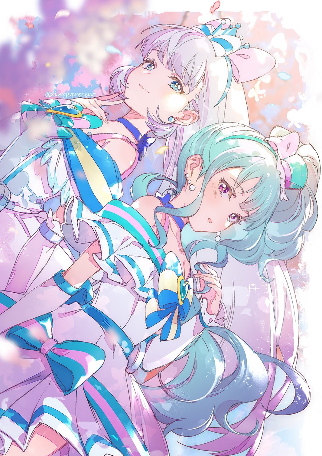 2girls, aqua_bow, aqua_bowtie, aqua_gem, aqua_hair, aqua_hat, arm_warmers, back_bow