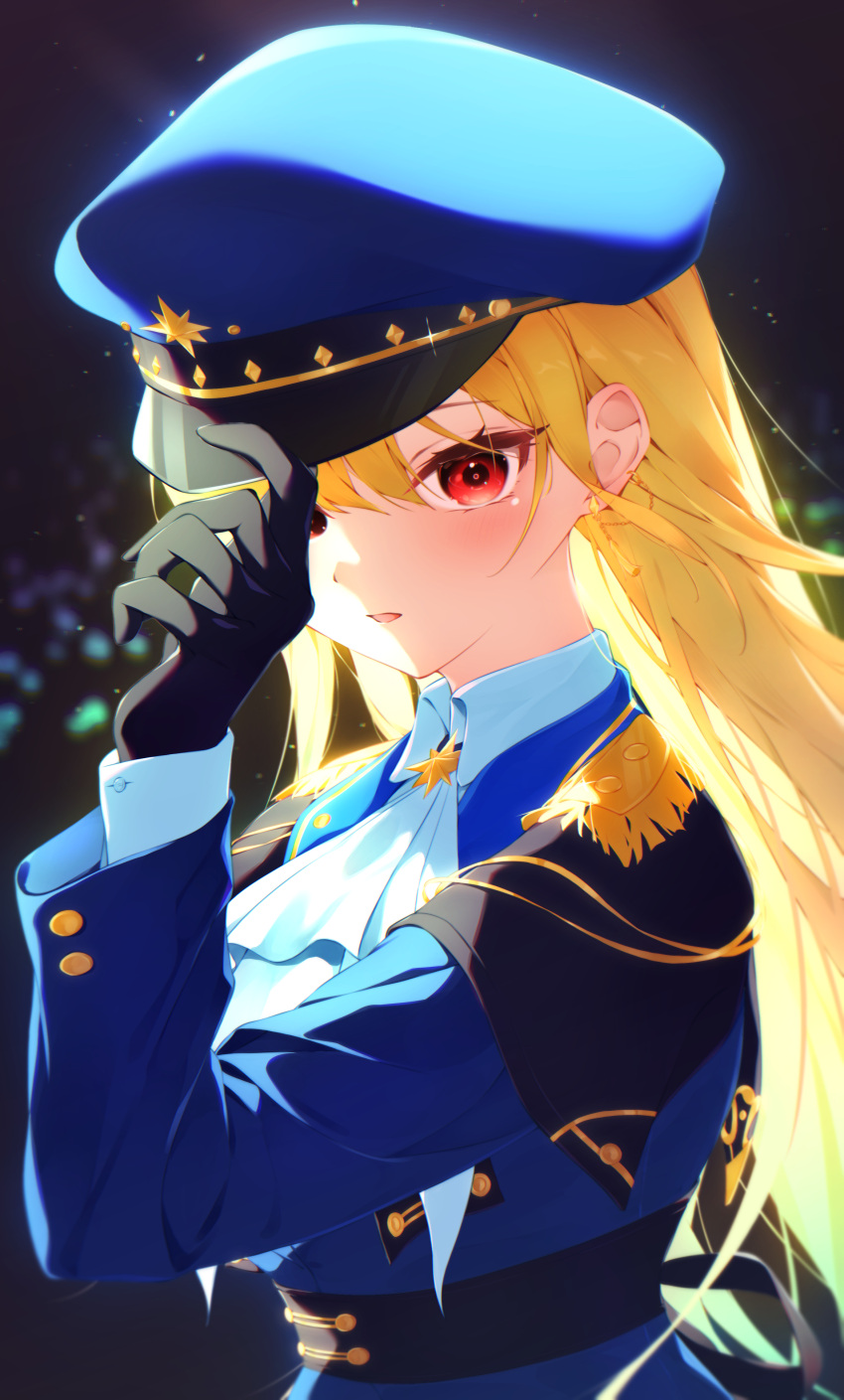 1girl, absurdres, aiguillette, ascot, belt, black_gloves, blonde_hair, blue_hat
