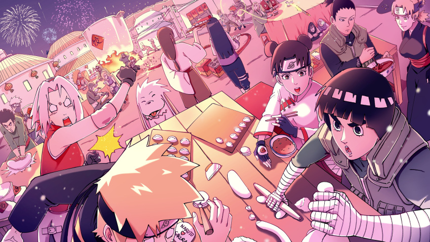 absurdres, aburame_shino, akamaru_(naruto), akimichi_chouji, angry, baiyangqi, black_eyes, black_gloves, black_hair, blonde_hair, blue_hair, bob_cut, breasts, brown_eyes, brown_hair, chopsticks, cooking, crop_top, drawing_(action), dress, earrings, elbow_pads, festival, fingerless_gloves, fire, fireworks, food, forehead_protector, gaara_(naruto), glasses, gloves, hair_over_one_eye, hair_ribbon, haruno_sakura, hatake_kakashi, headband, highres, holding, holding_chopsticks, hyuuga_hinata, hyuuga_neji, inuzuka_kiba, japanese_clothes, jewelry, jiraiya_(naruto), kankurou_(naruto), kazamatsuri_moegi, kimono, konohagakure_symbol, mask, medium_hair, might_guy, multiple_boys, multiple_girls, nara_shikamaru, naruto_(series), naruto_shippuuden, new_year, night, open_mouth, orange_hair, orochimaru_(naruto), outdoors, pink_hair, ponytail, punching, red_hair, ribbon, rock_lee, sai_(naruto), sarutobi_asuma, sarutobi_konohamaru, shirt, sitting, sleeveless, sleeveless_shirt, temari_(naruto), tenten_(naruto), teuchi_(naruto), tsunade_(naruto), uzumaki_naruto, village, white_hair, yakushi_kabuto, yamanaka_ino, yukata, yuuhi_kurenai
