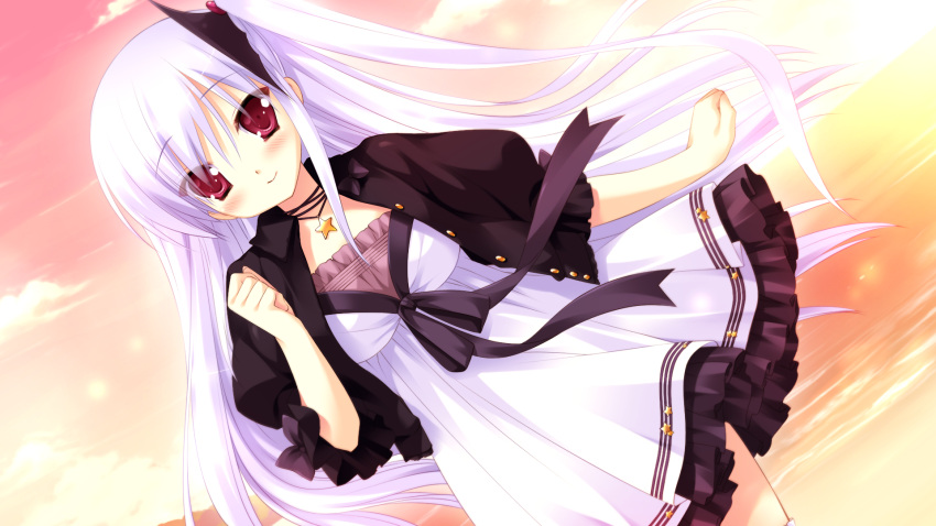 akechi_hikari, dress, game_cg, hyper_highspeed_genius, miyasu_risa, necklace, red_eyes, white_hair