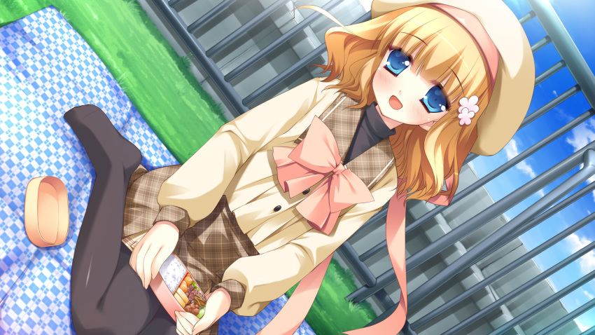 blue_eyes, food, game_cg, hat, hazuki_suina, hyper_highspeed_genius, miyasu_risa, seifuku