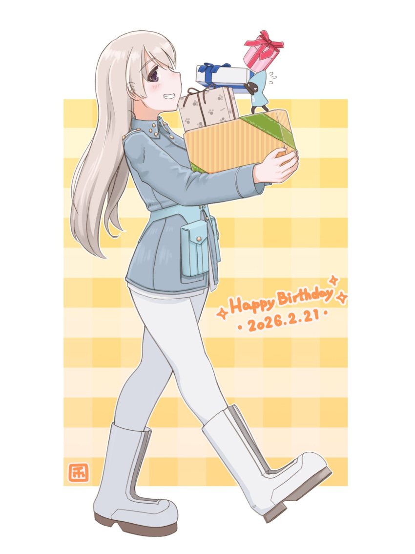 1girl, blue_jacket, blush, boots, box, christmas_elf, eila_ilmatar_juutilainen, full_body