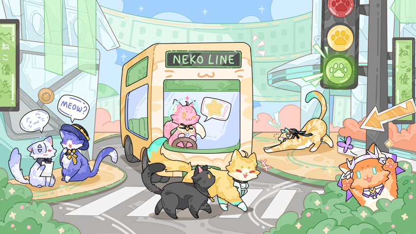 +++, absurdres, aemeath_(wuthering_waves), animalization, blue_sky, bus, cat, cat_day