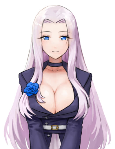 blue_flower, blue_rose, breasts, commentary_request, dress, flower, long_hair, looking_at_viewer