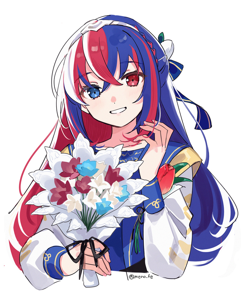 1girl, blue_eyes, blue_hair, bouquet, commentary_request, crossed_bangs, dress, female_alear_(fire_emblem)