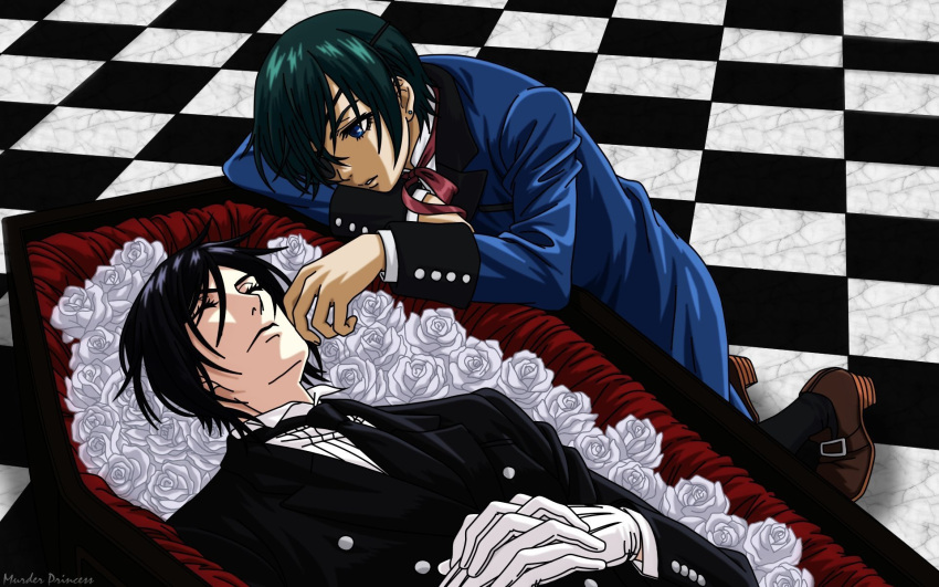 ciel_phantomhive, coffin, dead, flower, kuroshitsuji, roses, sebastian_michaelis
