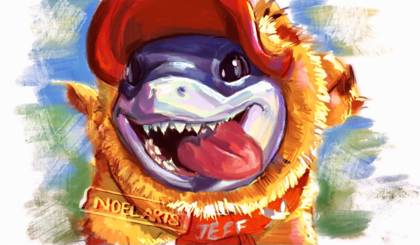artist_name, character_name, english_commentary, fangs, jeff_the_land_shark, jeff_the_land_shark_(duck_defender), looking_to_the_side, marvel, marvel_rivals, noelarts0405, official_alternate_costume, shark, smile, tongue, tongue_out