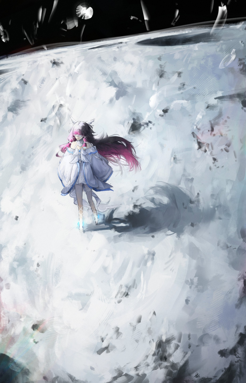 1girl, absurdres, bare_legs, barefoot, black_hair, blunt_bangs, columbina_(genshin_impact), crater, detached_sleeves, dress, eyepatch, genshin_impact, gradient_hair, head_wings, highres, hime_cut, lunar_crater, multicolored_hair, on_moon, pink_hair, purple_hair, rope_legwear, shadow, solo, standing, thigh_strap, thomko7, train_(clothing), waist_cape, walking, white_dress, wings
