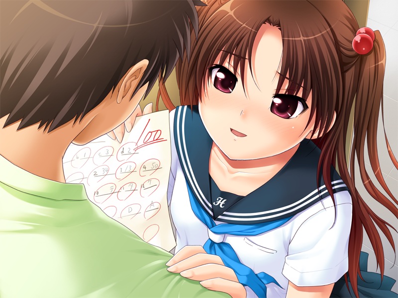1boy, 1girl, :d, blush, brown_hair, collarbone, from_above, game_cg
