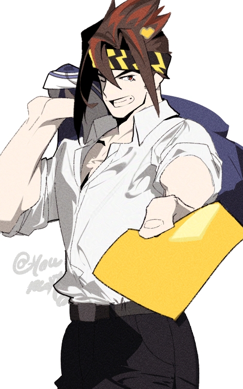 1boy, ai_manato, anton_ivanov, artist_name, black_hair, black_pants, commentary_request, grin