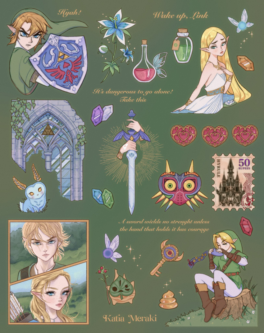 1boy, 1girl, armor, artist_name, bare_shoulders, blonde_hair, blue_eyes, blue_flower